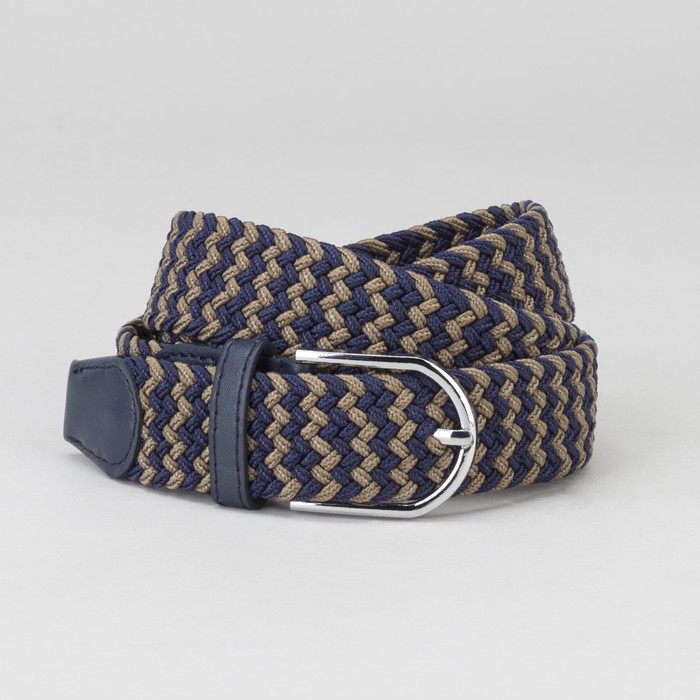 Ремень мужской, резинка плетёнка, пряжка металл, ширина - 3,5 см, цвет синий/бежевый