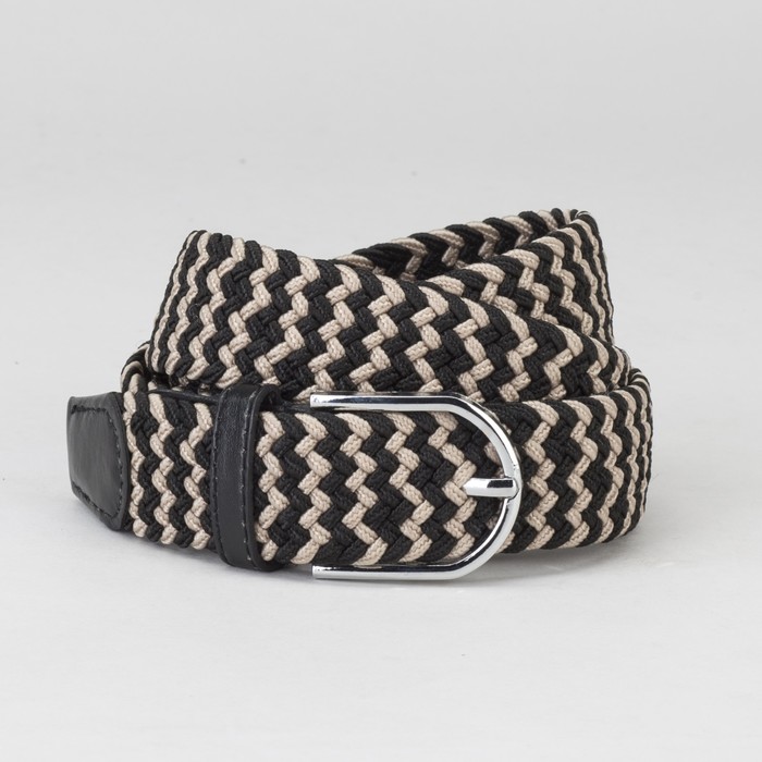 Ремень мужской, резинка плетёнка, пряжка металл, ширина - 3,5 см, цвет чёрный/бежевый