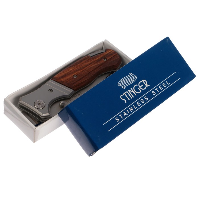 Складной нож Stinger с клипом, 90 мм, рукоять: сталь, дерево, коробка картон