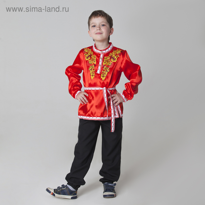 Карнавальная русская рубаха Хохлома: цветы, атлас, цвет красный, р-р 34, рост 140 см