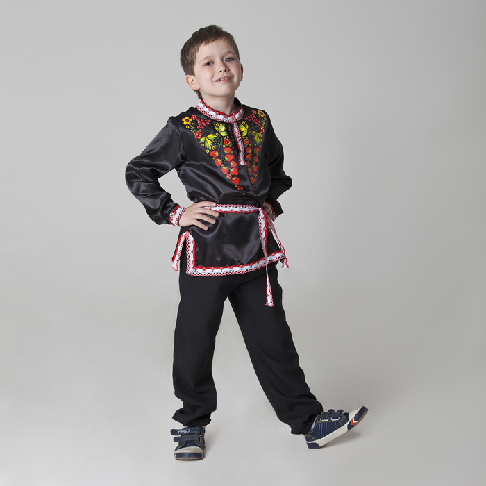 Карнавальная русская рубаха "Хохлома: ягоды", атлас, цвет чёрный, р-р 30, рост 110-116 см