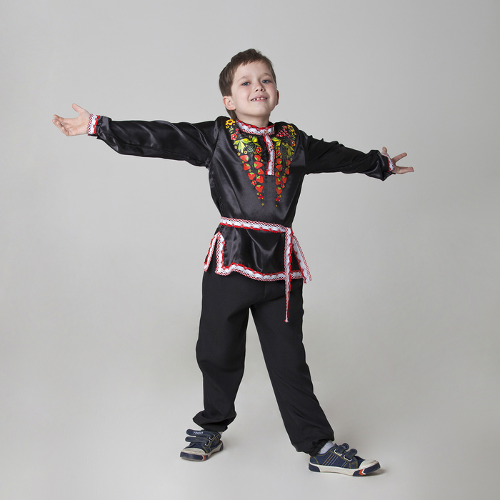 Карнавальная русская рубаха "Хохлома: ягоды", атлас, цвет чёрный, р-р 34, рост 134 см