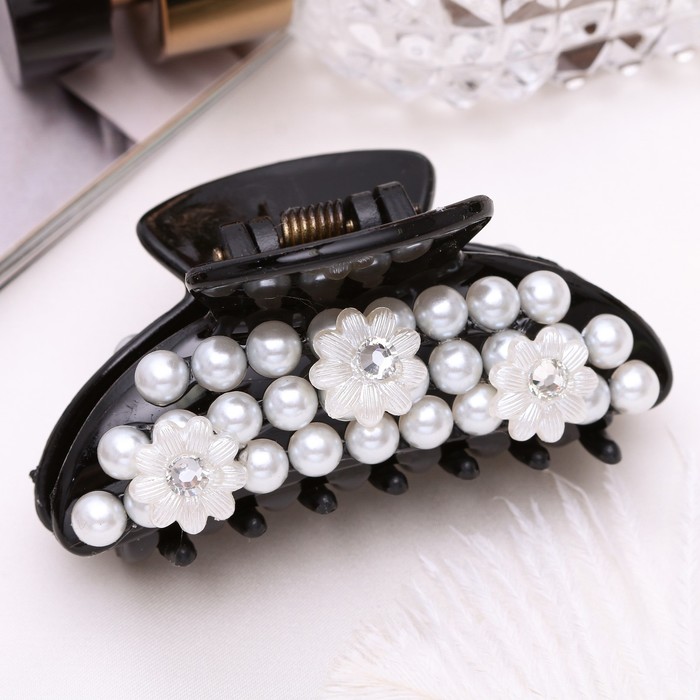 Краб для волос "Глория" 6,5 см цветок жемчужины чёрный