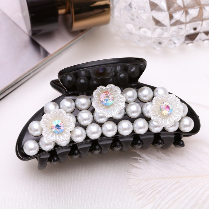 Краб для волос "Глория" 6,5 см цветы стразы бусины чёрный