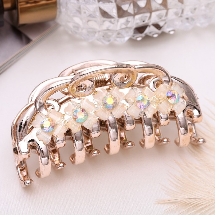 Краб для волос "Джина" 6,5 см цветы стразы золото