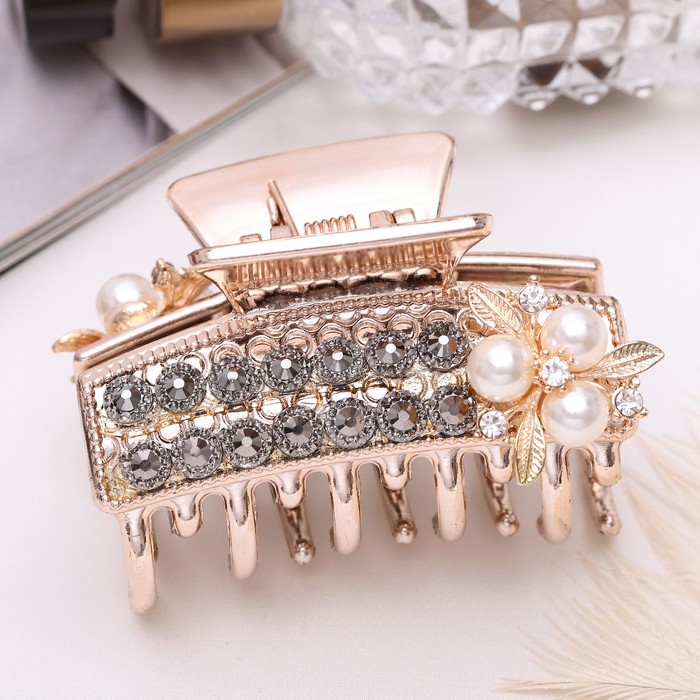 Краб для волос "Адель" 6 см жемчужный цветок стразы золото