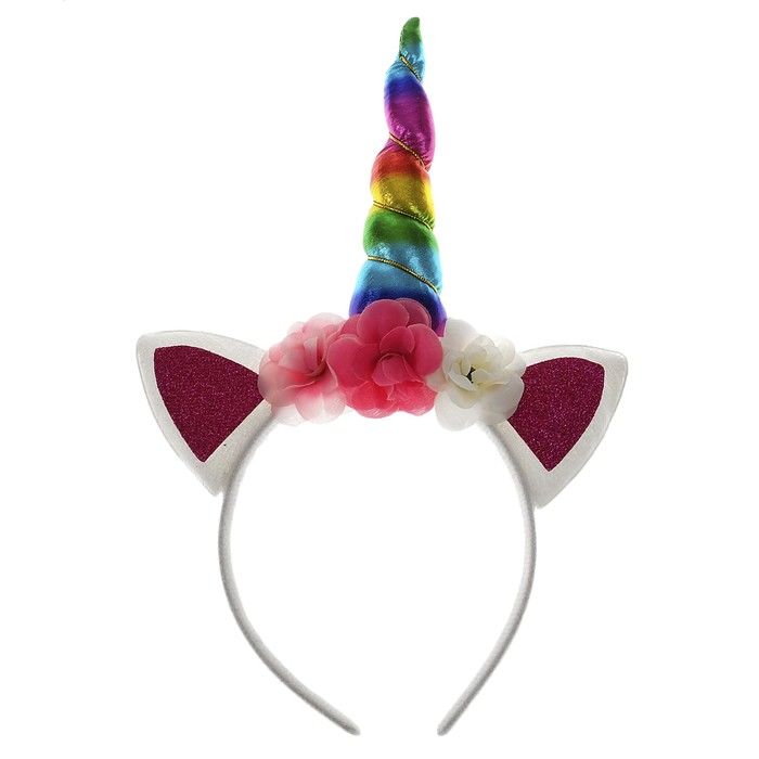 Карнавальный ободок "Единорог" с цветочками, цвет белый