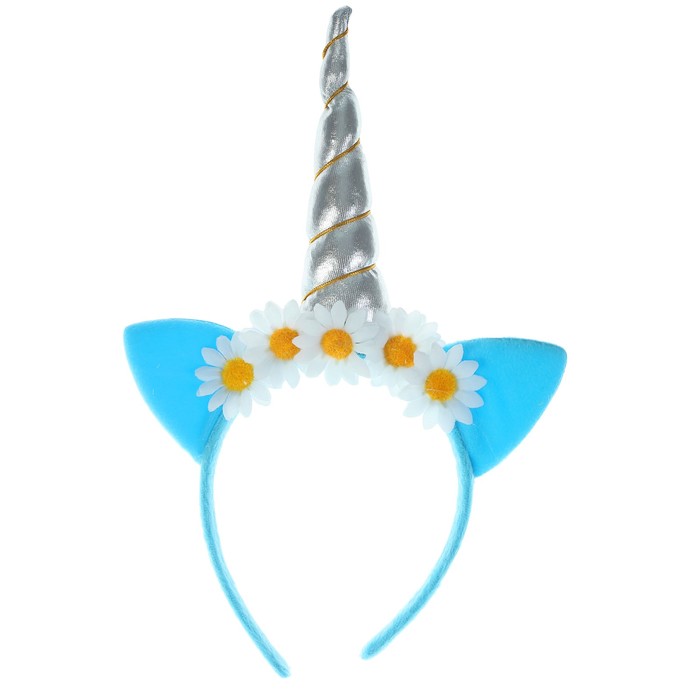 Карнавальный ободок "Единорог" с ромашками, цвет синий