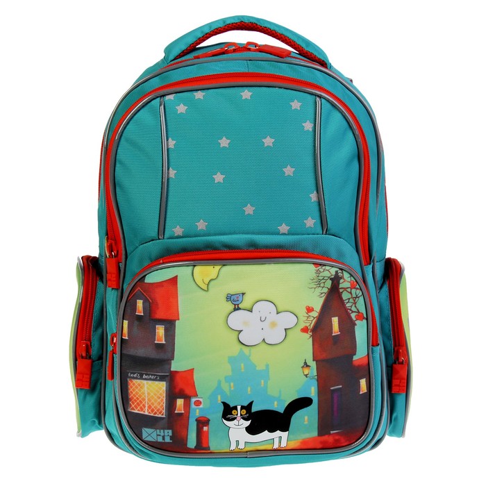 Рюкзак школьный эргоном.спинка 4ALL дев 39*28*16 "Кот и облако" зелёный RU 74-01