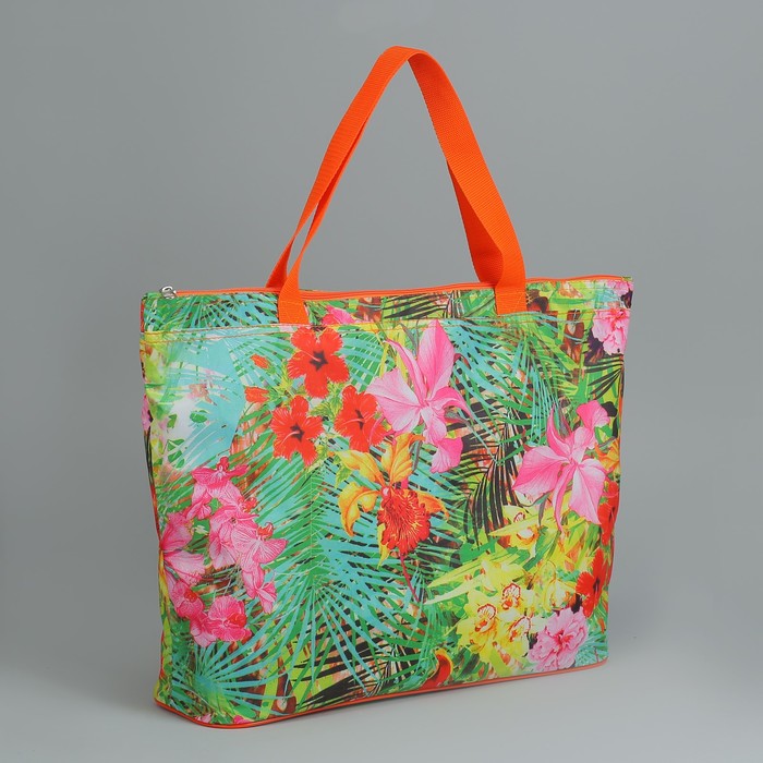 Сумка "Тропические лилии", отдел на молнии, без подклада, цвет зелёный/розовый