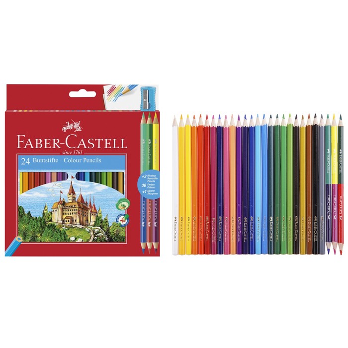 фото Карандаши 24 цветов faber-castell «замок» шестигранные + 3 двухцветных карандаша + точилка