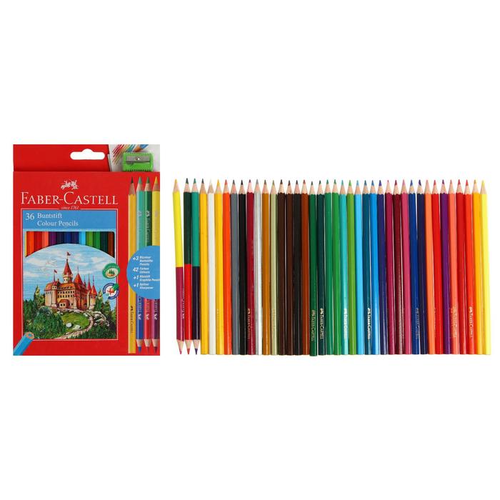 Карандаши 36 цветов Faber-Castell Замок шестигранный корпус + 3 двухцветных карандаша + чернографитный карандаш + точилка