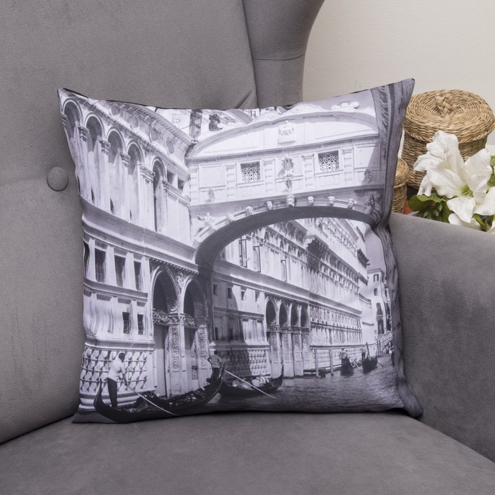 Подушка декоративная Венеция ждет, 40х40см, габардин, синтетич. волокно, 160 гр/м