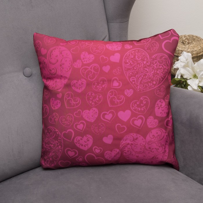Подушка декоративная Сердечки, 40х40см, габардин, синтетич. волокно, 160 гр/м