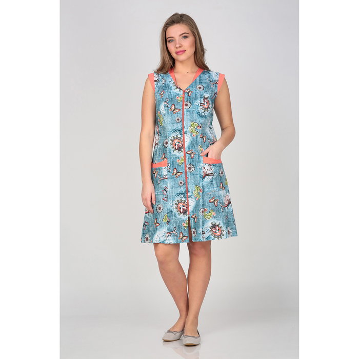 Халат женский на молнии М-245 цвет голубой/коралл, р-р 52