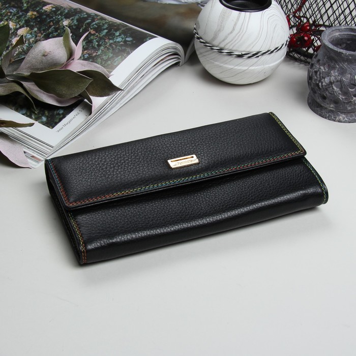 Кошелёк женский, 3 отдела, для карт, для монет, на клапане, наружный карман, цвет чёрный