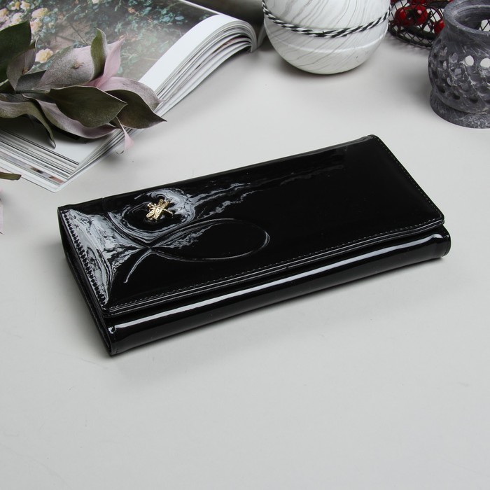 Кошелёк женский, 2 отдела рамка, 3 отдела, для карт, на клапане, цвет чёрный