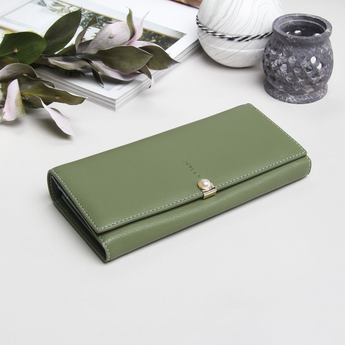 Кошелёк женский, 2 отдела рамка, 4 отдела для карт, цвет зелёный