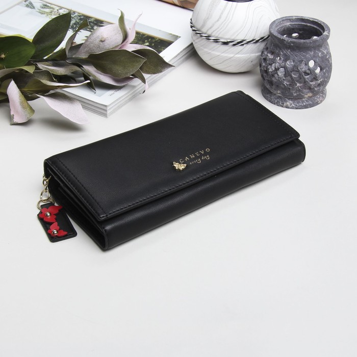 Кошелёк женский, 2 отдела рамка, 4 отдела для карт, цвет чёрный