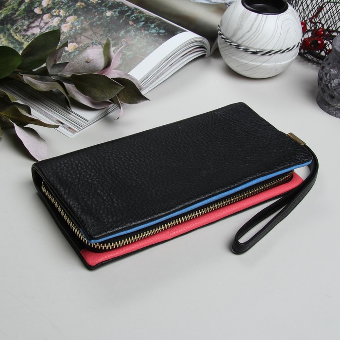 Кошелёк женский, 3 отдела, для карт, для монет, на молнии, наружный карман, цвет чёрный