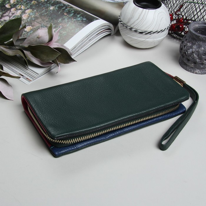 Кошелёк женский, 3 отдела, для карт, для монет, на молнии, наружный карман, цвет зелёный