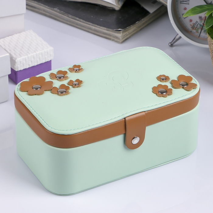 Шкатулка кожзам для украшений "Незабудки" мятная с коричневым 8х18х11 см