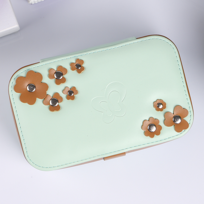 Шкатулка кожзам для украшений "Незабудки" мятная с коричневым 8х18х11 см