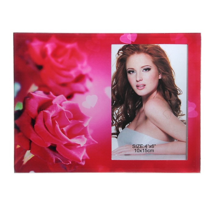 Фоторамка стекло 10х15 см "Красные розы и сердца" 17х21,7 см