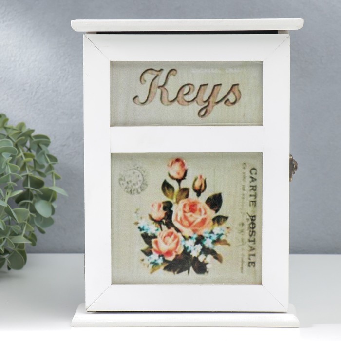 Ключница дерево 6 крючков "Букет пышных роз" белая 29,5х22х6 см