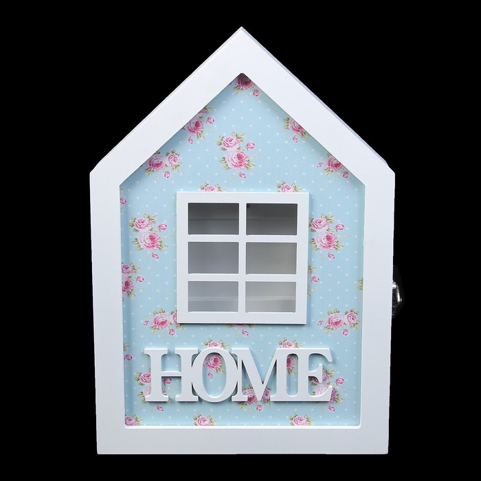 Ключница дерево "Домик. Home" цветочки на голубом 30х21х5,3 см