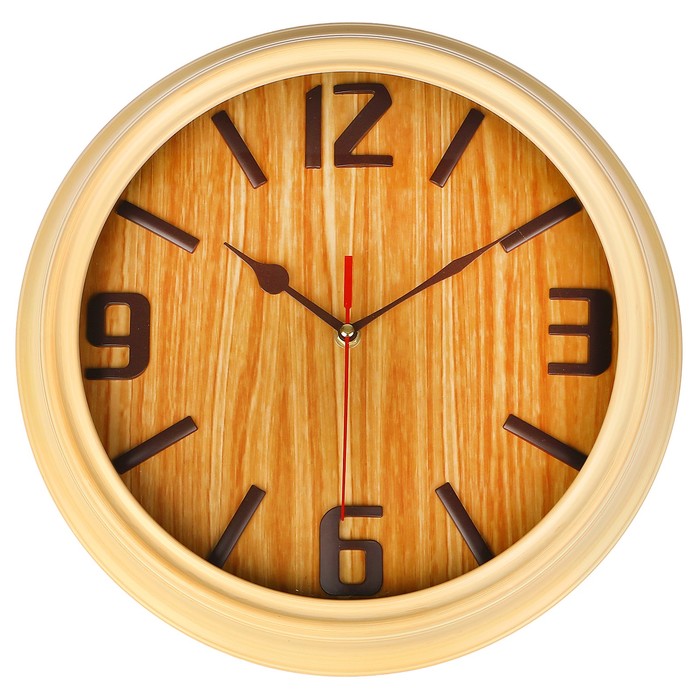 Часы настенные круг, флуоресцентные, на циф-те текстура дерева, цифры 3,6,9,12, d=35см