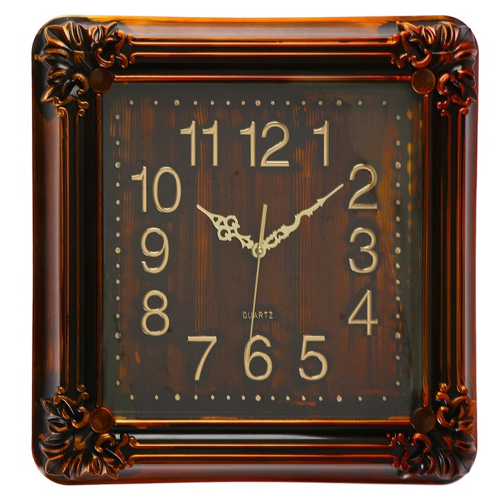 Часы настенные, квадратные, с завитками под металл по углам, коричневые, 42х42 см