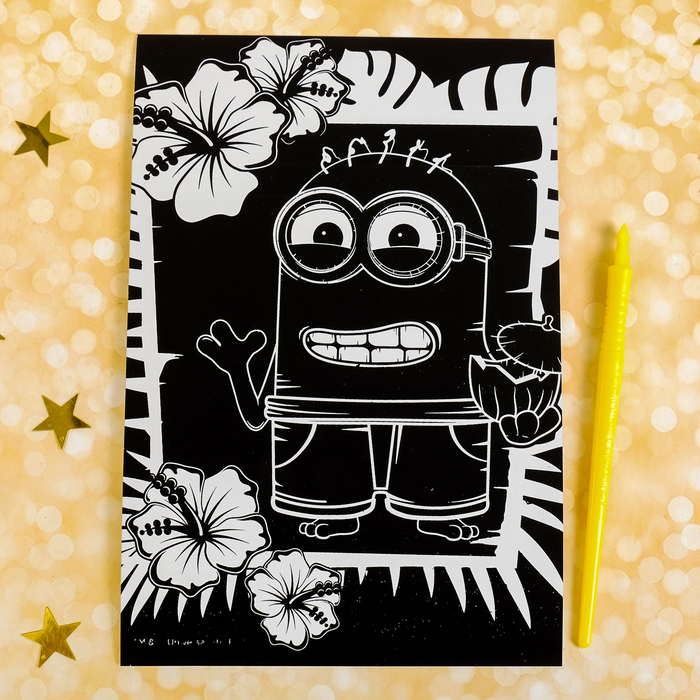 Гравюра "Пляж" Гадкий Я с металлическим эффектом - радуга А5+ штихель