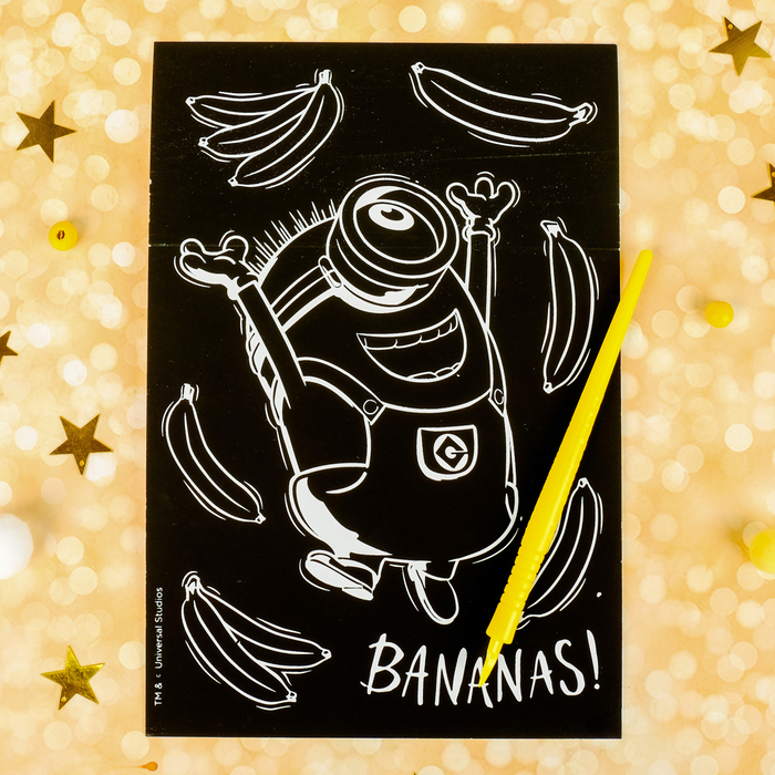 Гравюра "Бананы" Гадкий Я с металлическим эффектом - радуга А5+ штихель