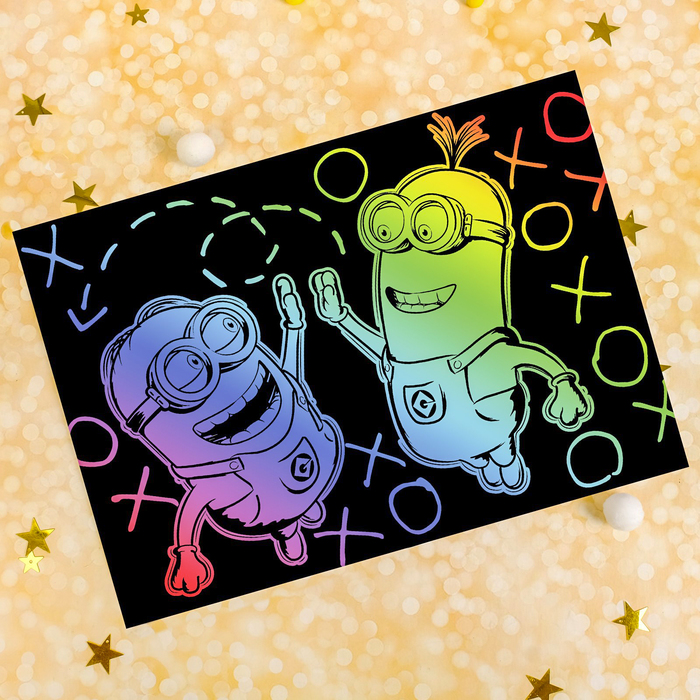 Гравюра "Друзья" Гадкий Я с металлическим эффектом - радуга А4+ штихель