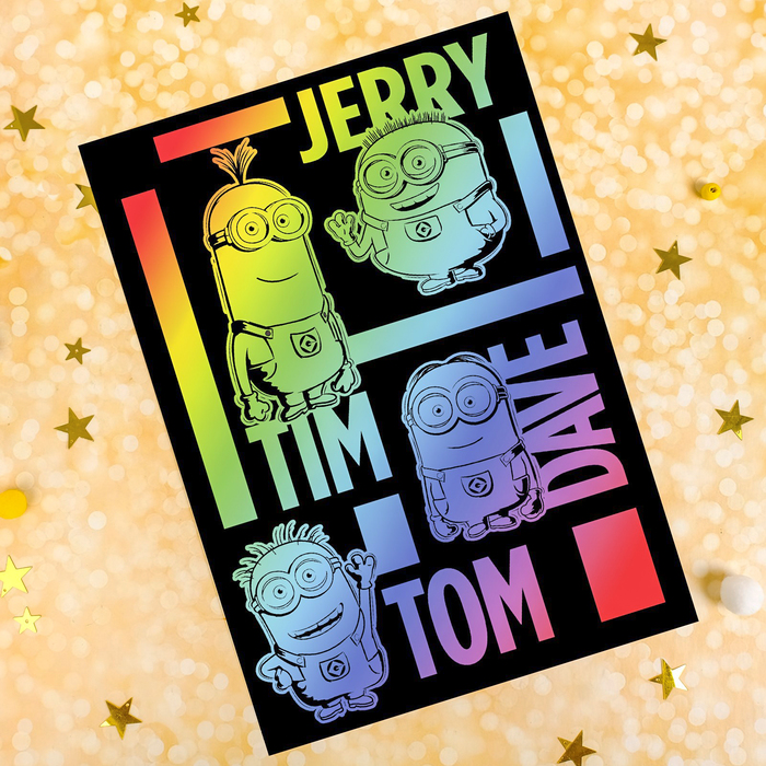 Гравюра "Миньоны" Гадкий Я с металлическим эффектом - радуга А4+ штихель