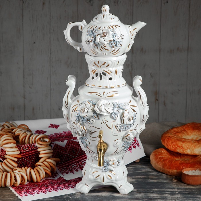 Самовар электрический с заварником "Царский" лепка, белый, белая роза, 4 л, 0,5 л провод не прилагается