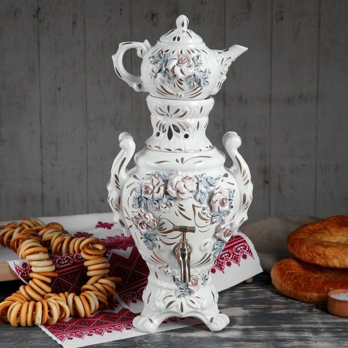Самовар электрический с заварником "Царский" лепка, белый, светло-розовая роза, 4 л, 0,5 л провод не прилагается