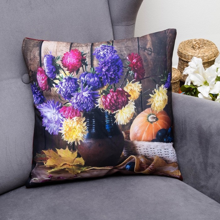 Подушка декоративная Букет цветов, 40х40см, габардин, синтетич. волокно, 160 гр/м