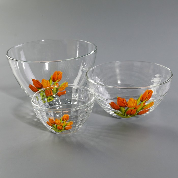 Набор салатников "Букеты", 3 шт: 11 см (215 мл), 15,8 см (450 мл), 18,8 см (925 мл), МИКС