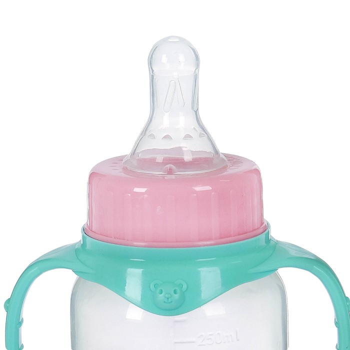 Бутылочка для кормления детская классическая, с ручками, 250 мл, от 0 мес., цвет бирюзовый МИКС