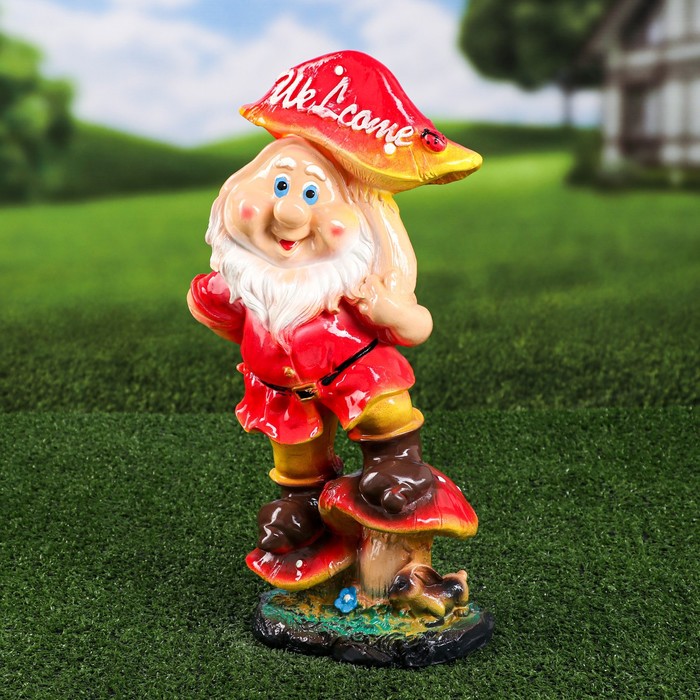 Садовая фигура "Гном с грибом Welcome"микс 42 см