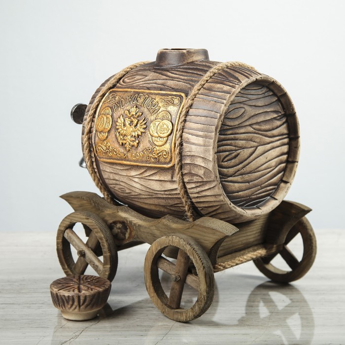 Бочка "Русское добро", на телеге, с белым краном, 3 л