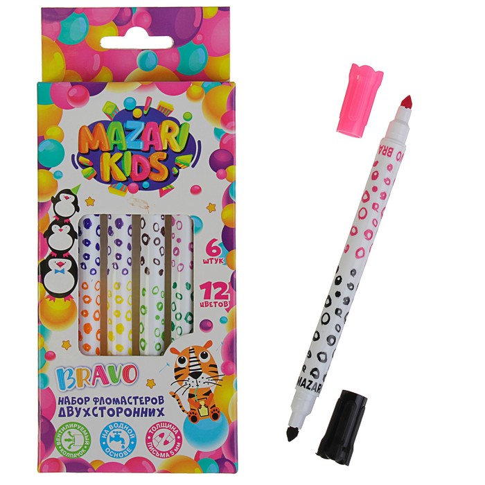 Фломастеры двусторонние 12 цветов, 6 штук BRAVO, вентилируемый колпачок, широкий наконечник