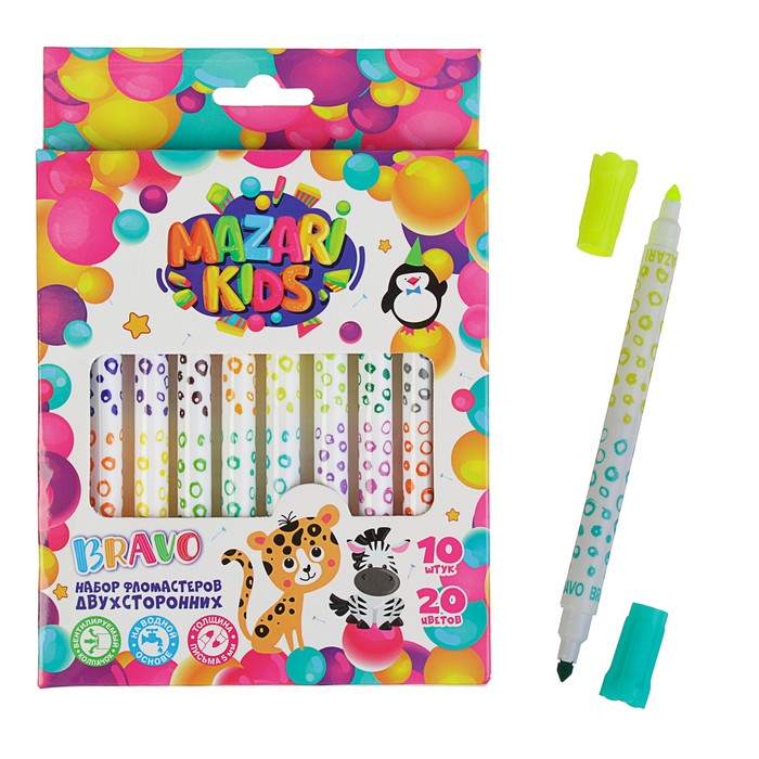 Фломастеры двусторонние 20 цветов, 10 штук BRAVO, вентилируемый колпачок, широкий наконечник