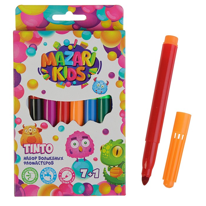 Фломастеры 7+1 цвет TINTO, вентилируемый колпачок, широкий наконечник, чернила меняют цвет при использовании белого фломастера