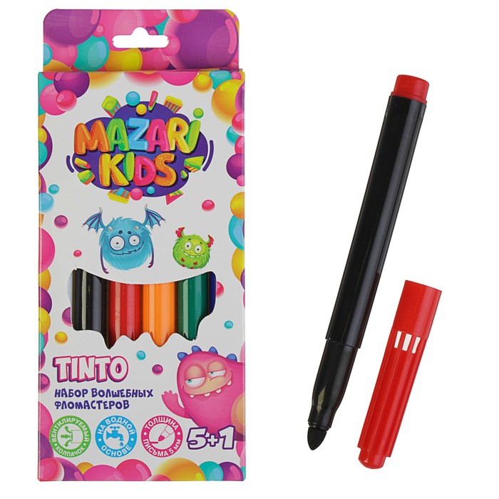 Фломастеры 5+1 цвет TINTO, вентилируемый колпачок, широкий наконечник, чернила меняют цвет при использовании белого фломастера