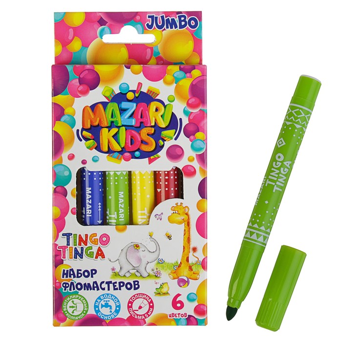Фломастеры утолщенные 6 цветов TINGO TINGA Jumbo, вентилируемый колпачок