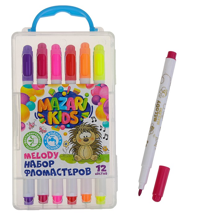 Фломастеры 12 цветов MELODY, вентилируемый колпачок, пластиковый пенал