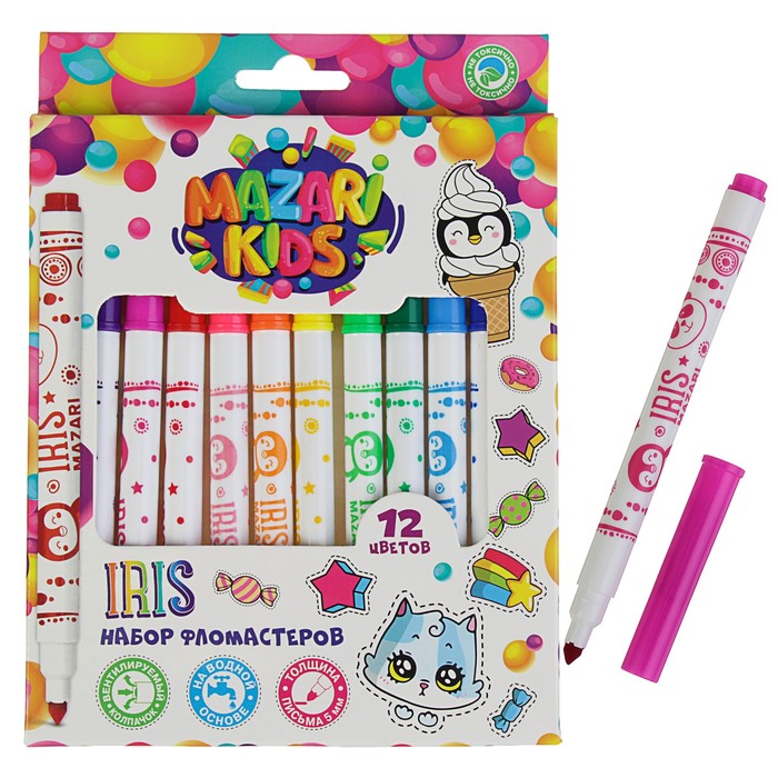 Фломастеры 12 цветов IRIS, вентилируемый колпачок, широкий наконечник